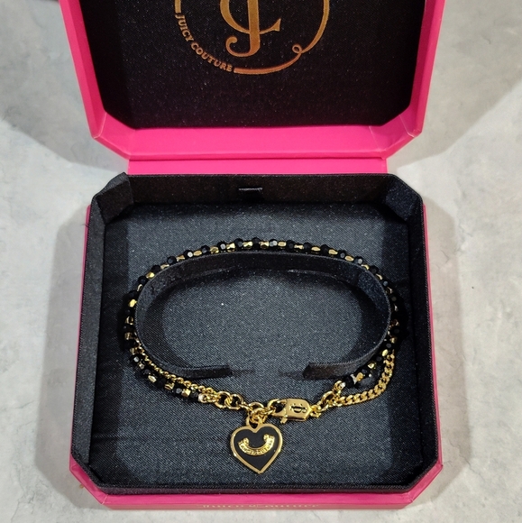 JUICY COUTURE BLACK HEART BEAD & GOLD  CHAIN BRACELET WITH HEART CHARM 2-STRAND - Picture 4 of 13